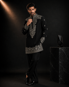 Black Silver-Thread Embroidered Kurta for Men | Festive & Wedding Party Wear