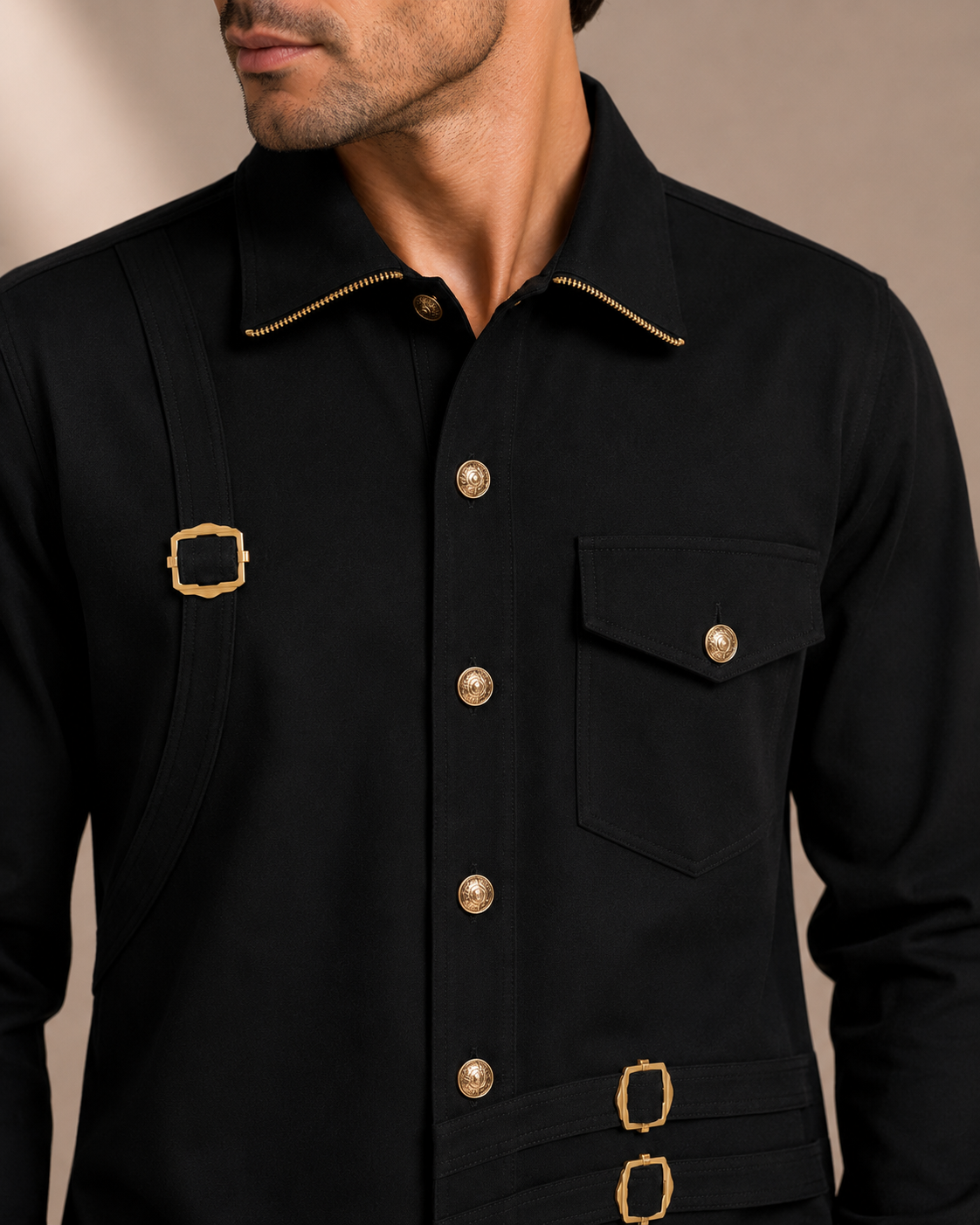 Men's Black Designer Utility Shirt | Premium Full Sleeve Smart Casual Button-Down Shirt with Gold Hardware