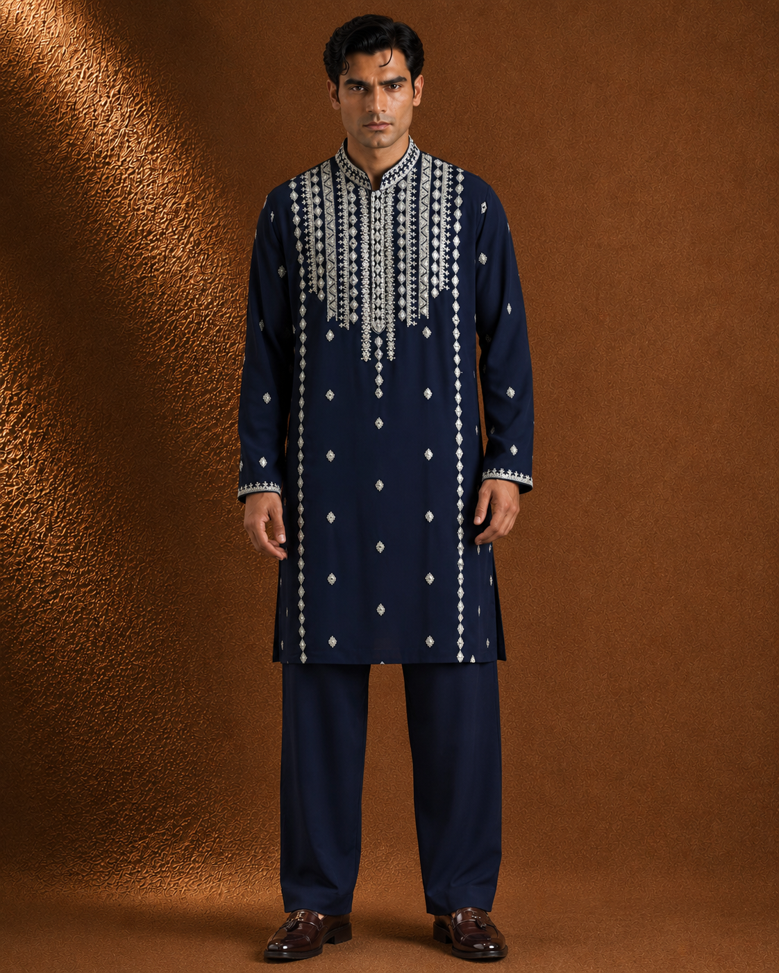 Men's Navy Blue Embroidered Kurta | Wedding & Festive Wear Ethnic Kurta