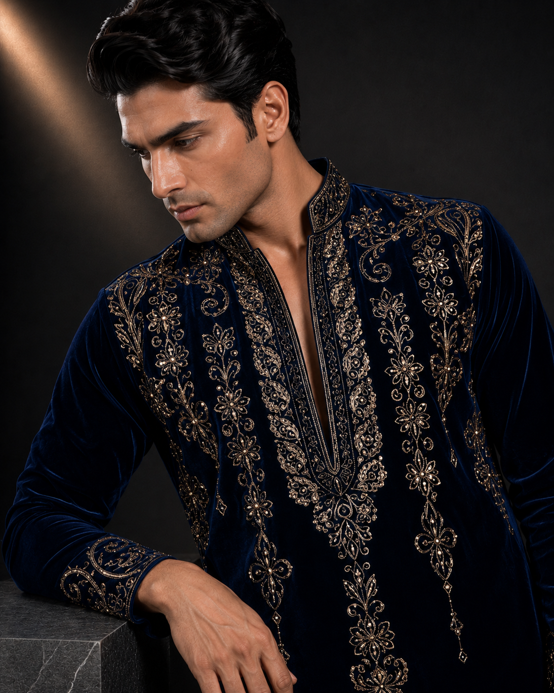 Men's Navy Blue Velvet Embroidered Designer Kurta | Premium Ethnic Kurta for Weddings & Festive Wear