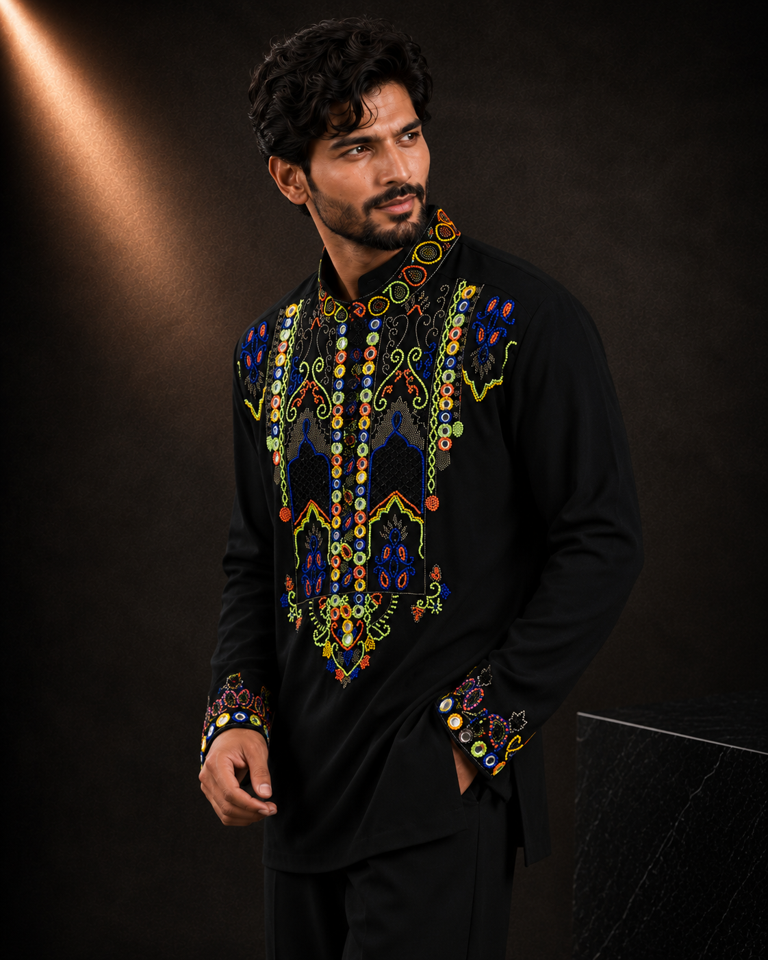 Men’s Black Multicolor Embroidered Kurta | Designer Ethnic Wear