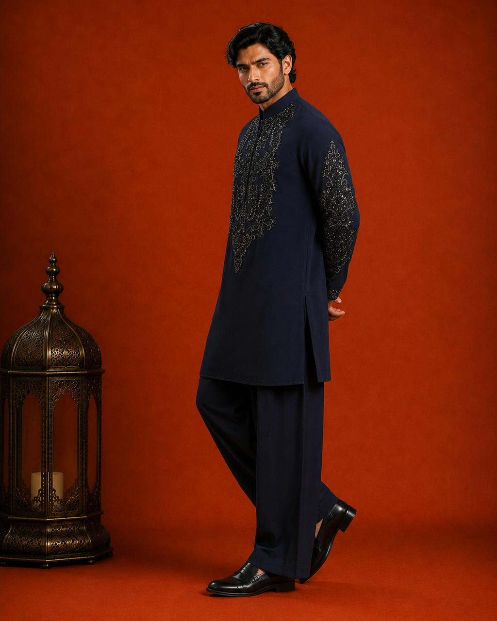 Midnight Navy Tonal Cut-Bead & Sequin Embroidered Kurta for Men | Festive & Wedding Party Wear