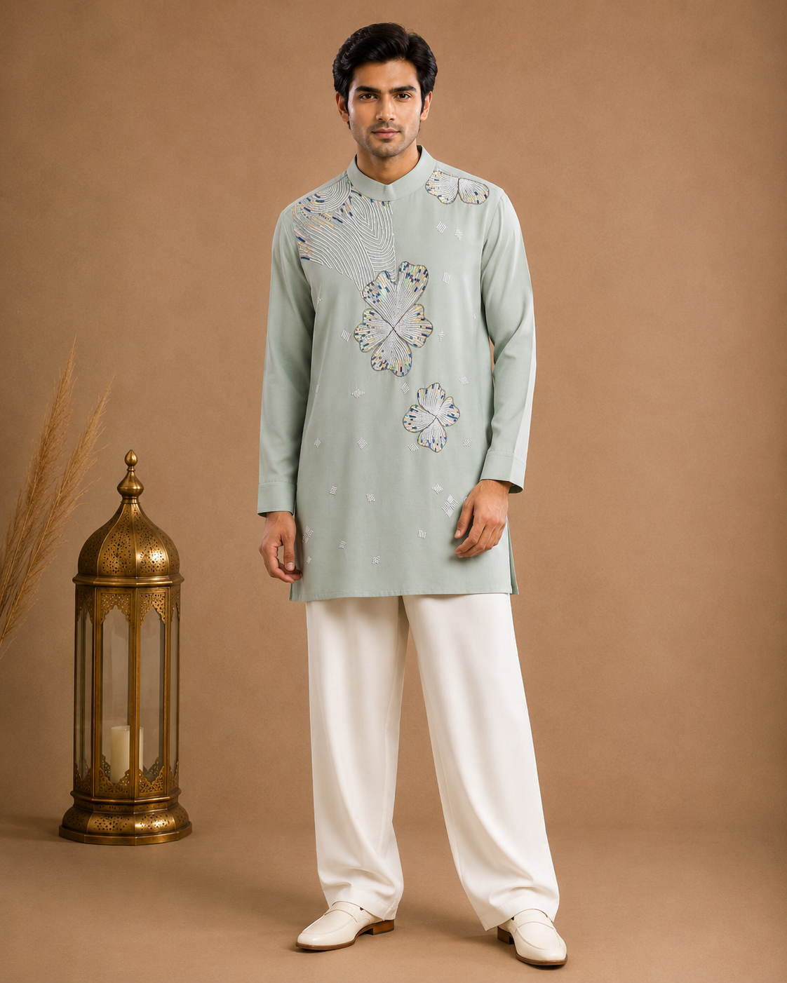 Pastel Mint Green Embroidered Kurta for Men