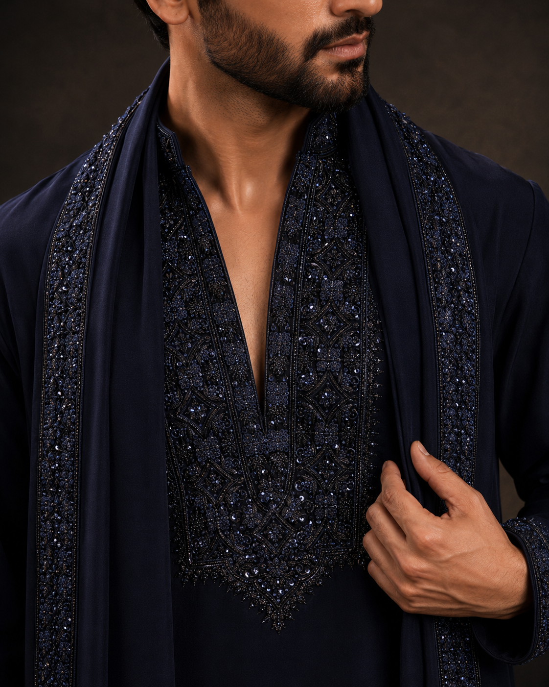 Men's Navy Blue Embroidered Kurta with Designer Open Jacket | Premium Festive Ethnic Wear