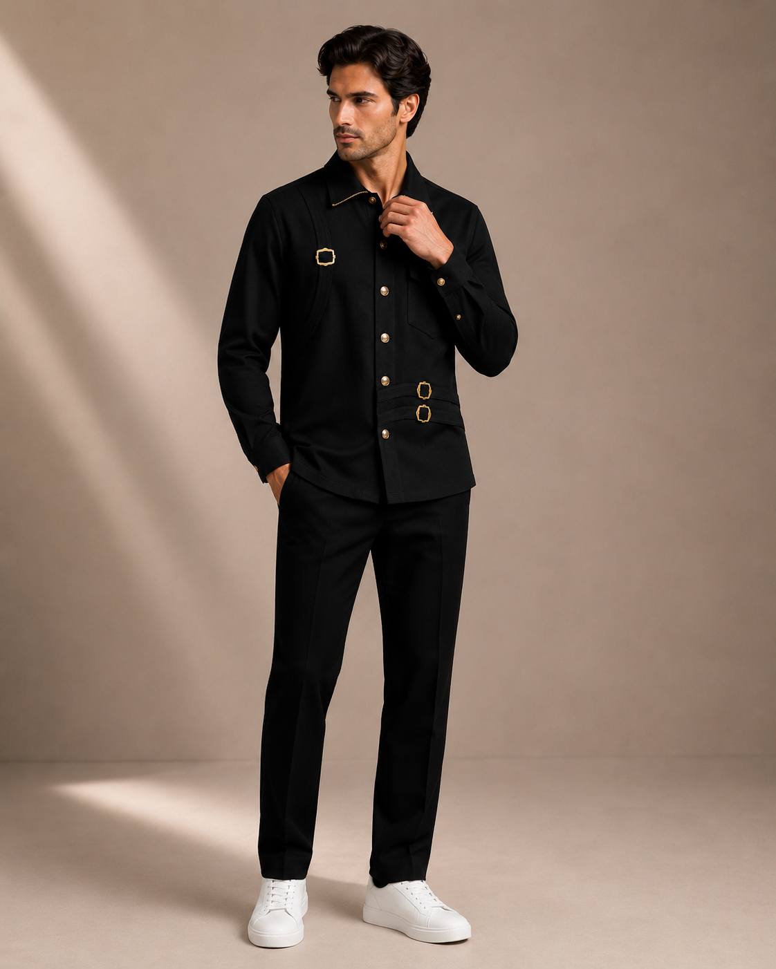 Men's Black Designer Utility Shirt | Premium Full Sleeve Smart Casual Button-Down Shirt with Gold Hardware
