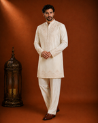 Cream Tone-on-Tone Embroidered Kurta for Men | Groom & Wedding Festive Wear