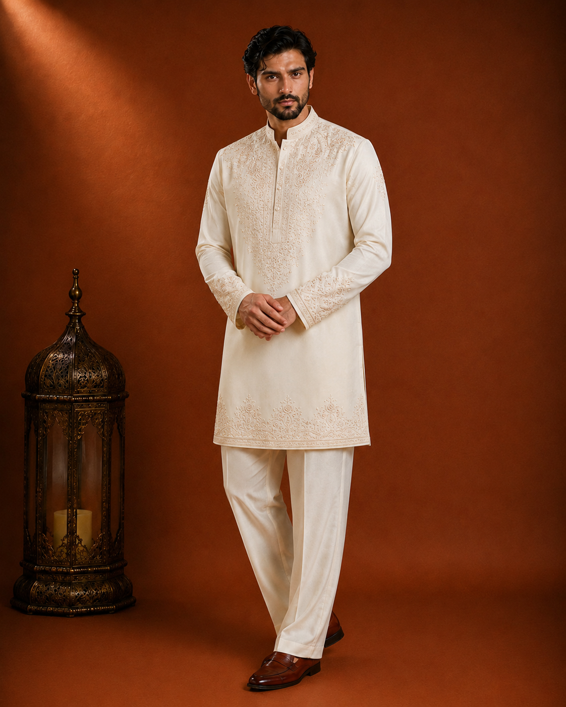 Cream Tone-on-Tone Embroidered Kurta for Men | Groom & Wedding Festive Wear
