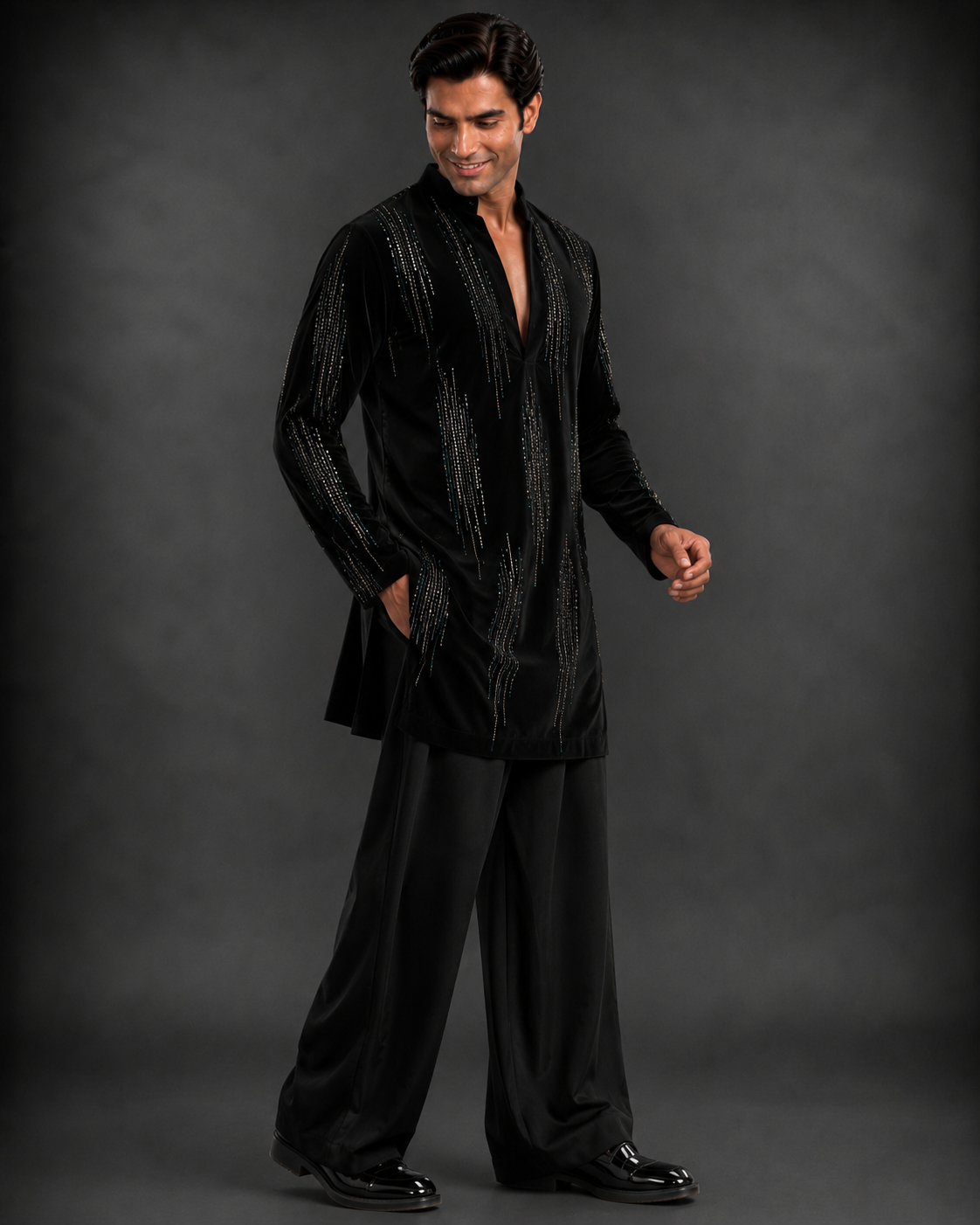Men's Black Velvet Embellished Designer Kurta | Premium Party Wear, Wedding & Festive Kurta for Men