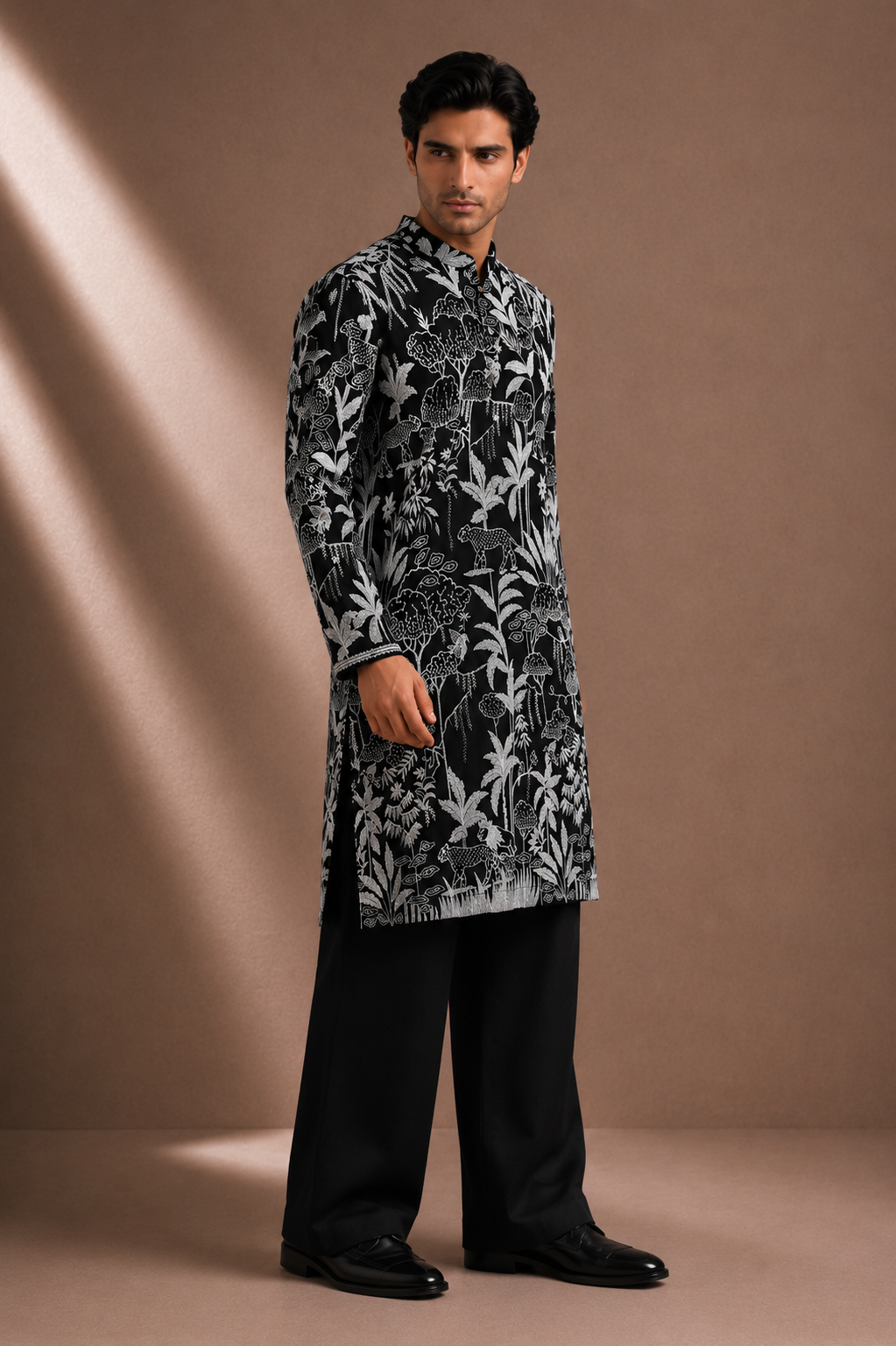 Men's Black Jungle Print Kurta | Premium Designer Ethnic Kurta for Festive & Wedding Wear