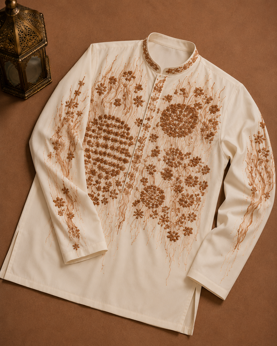 Men's Cream Floral Embroidered Kurta | Premium Designer Festive & Wedding Kurta