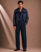 Men's Premium Navy Blue Checked Bomber Jacket | Regular Fit Zip-Up Casual Jacket
