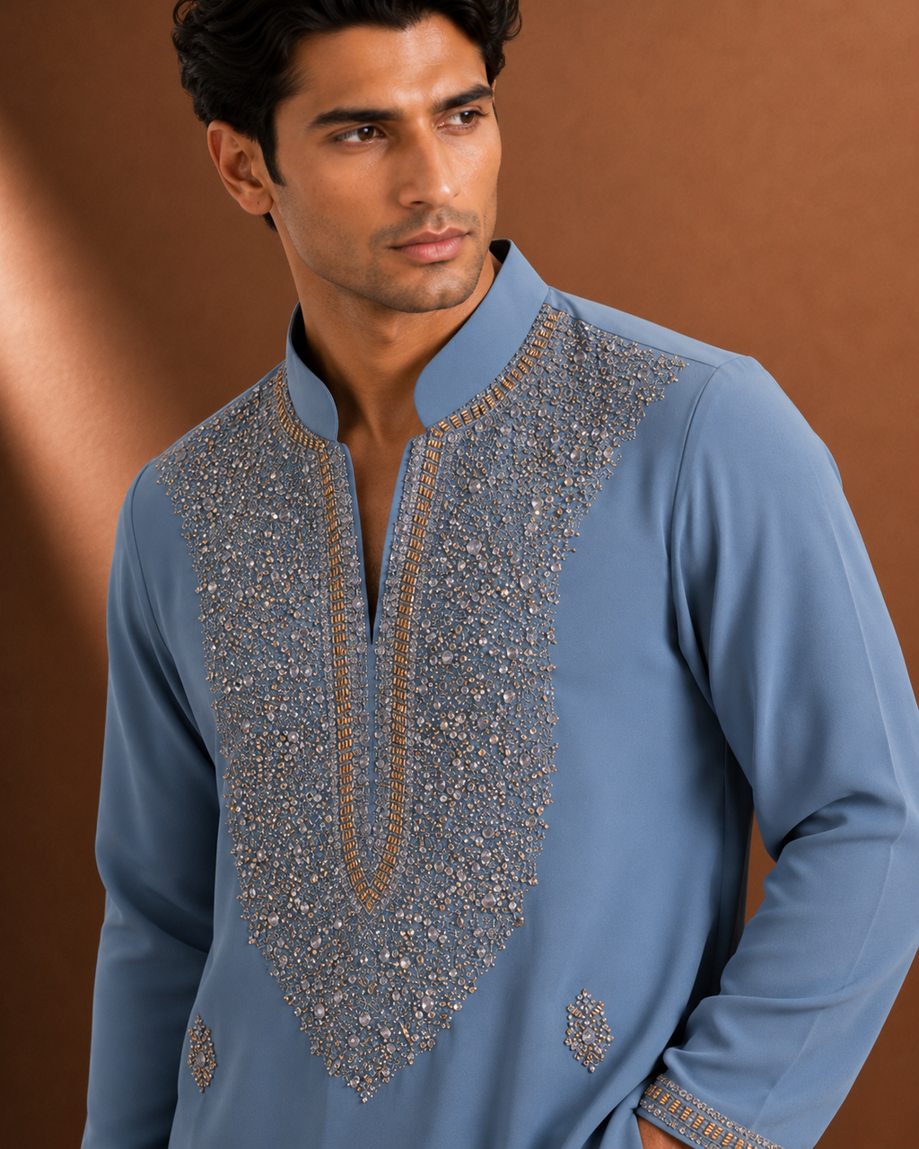 Men's Steel Blue Embellished Kurta | Premium Ethnic Wear for Festive & Wedding Occasions