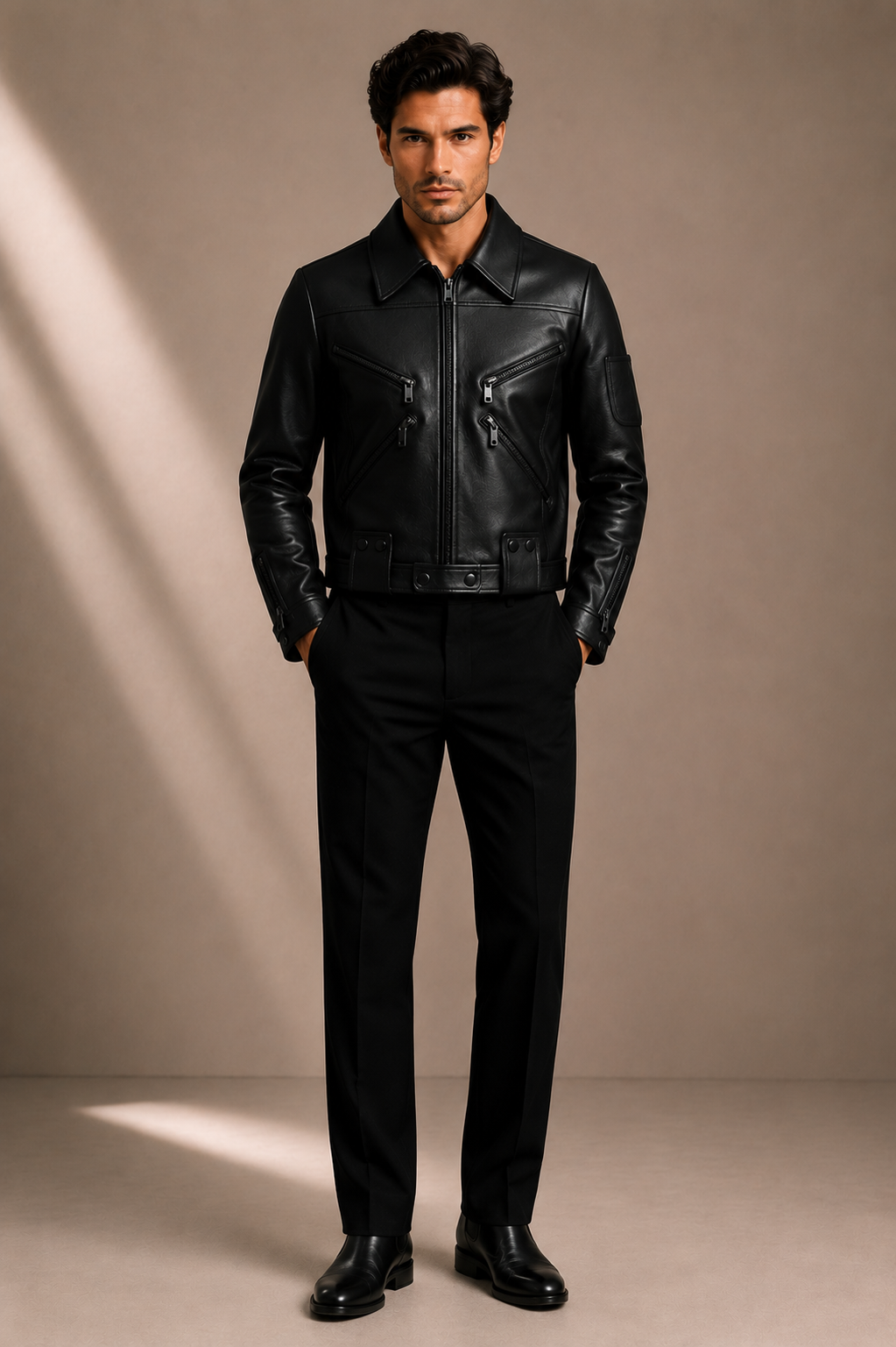 Men's Black Faux Leather Biker Jacket | Premium Zip-Up Motorcycle Jacket