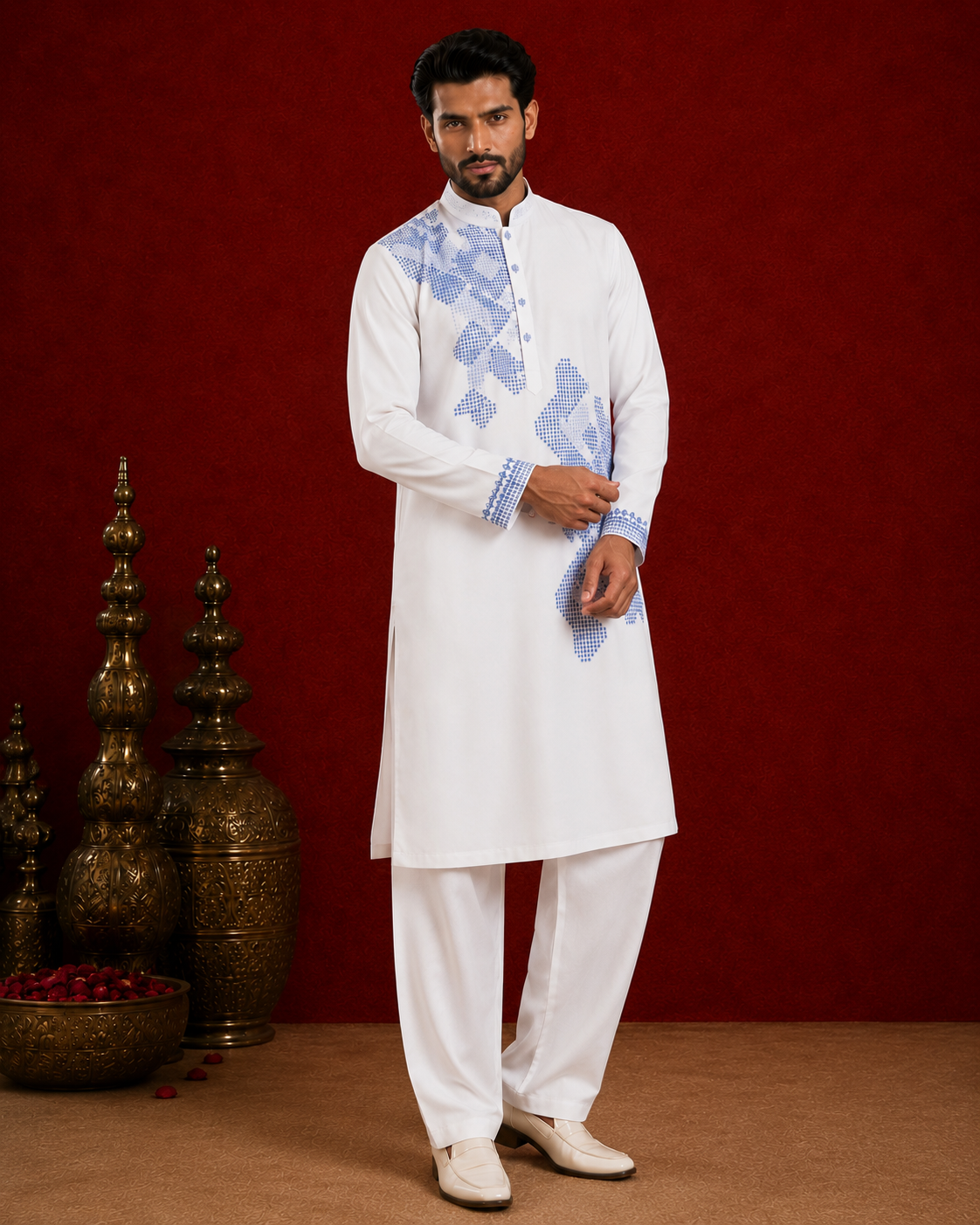 White Blue Geometric Embroidered Kurta for Men | Modern Festive & Occasion Wear