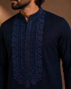 Midnight Navy Blue Tonal Embroidered Kurta for Men | Festive & Wedding Party Wear