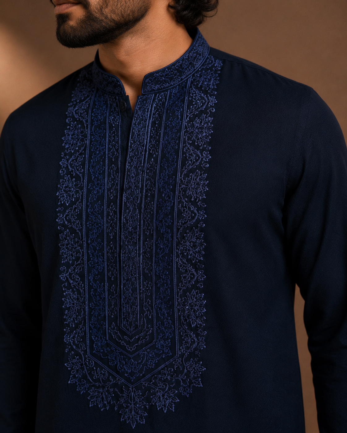 Midnight Navy Blue Tonal Embroidered Kurta for Men | Festive & Wedding Party Wear