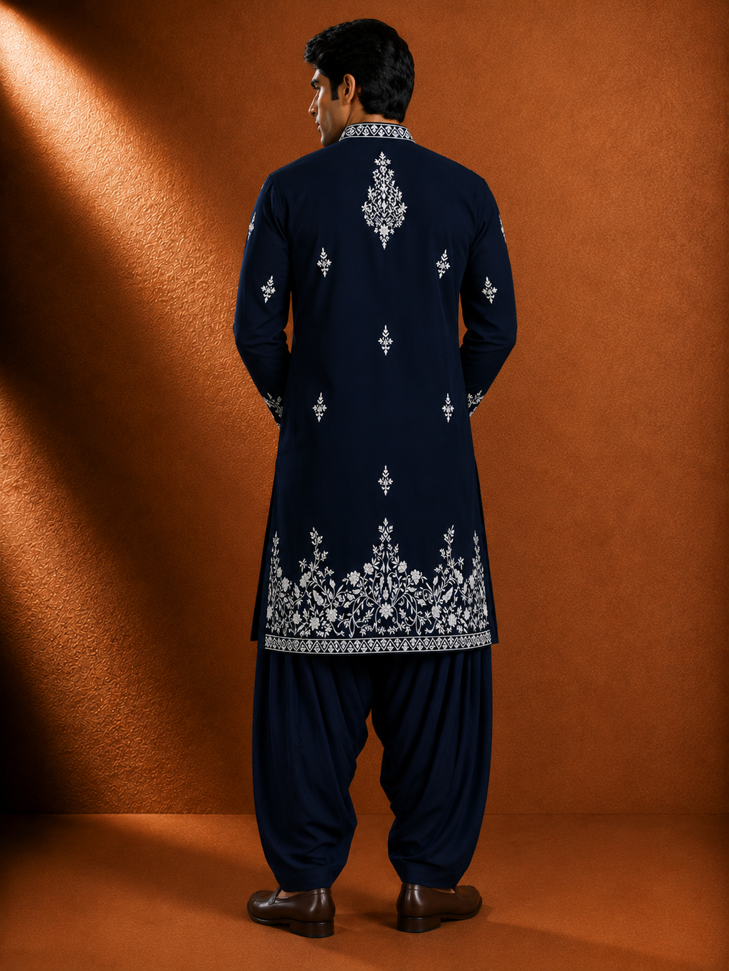Men's Navy Blue Embroidered Pathani Kurta | Premium Ethnic Wear for Festive & Wedding Occasions