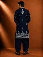 Men's Navy Blue Embroidered Pathani Kurta | Premium Ethnic Wear for Festive & Wedding Occasions