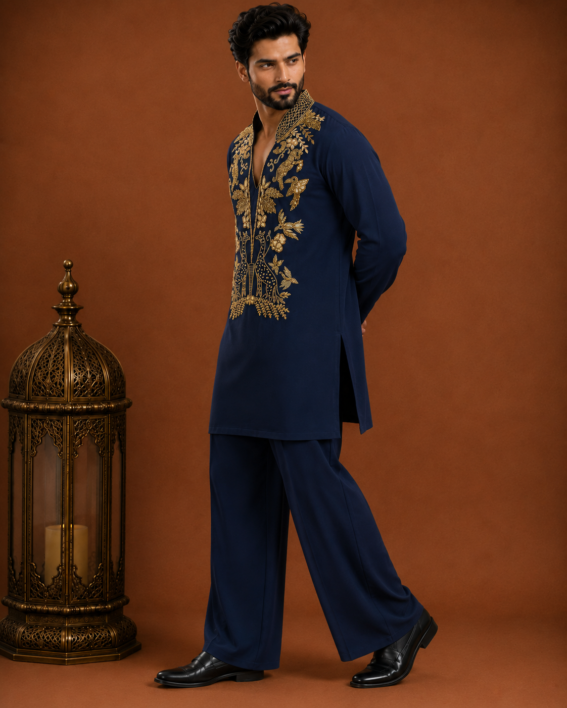 Men’s Navy Blue Embroidered Kurta | Gold Bird & Floral Motif