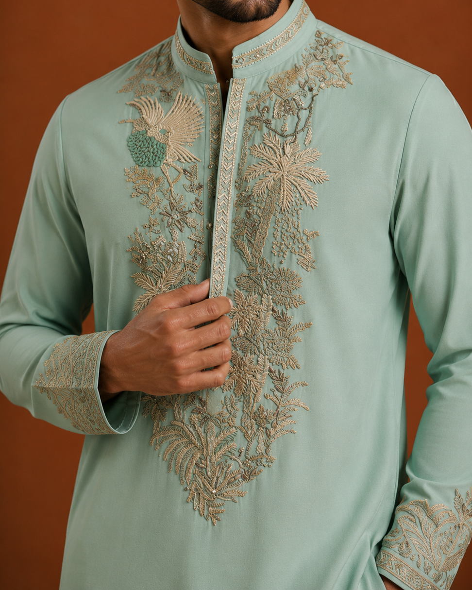 Mint Green Botanical Embroidered Kurta for Men | Festive & Wedding Occasion Wear