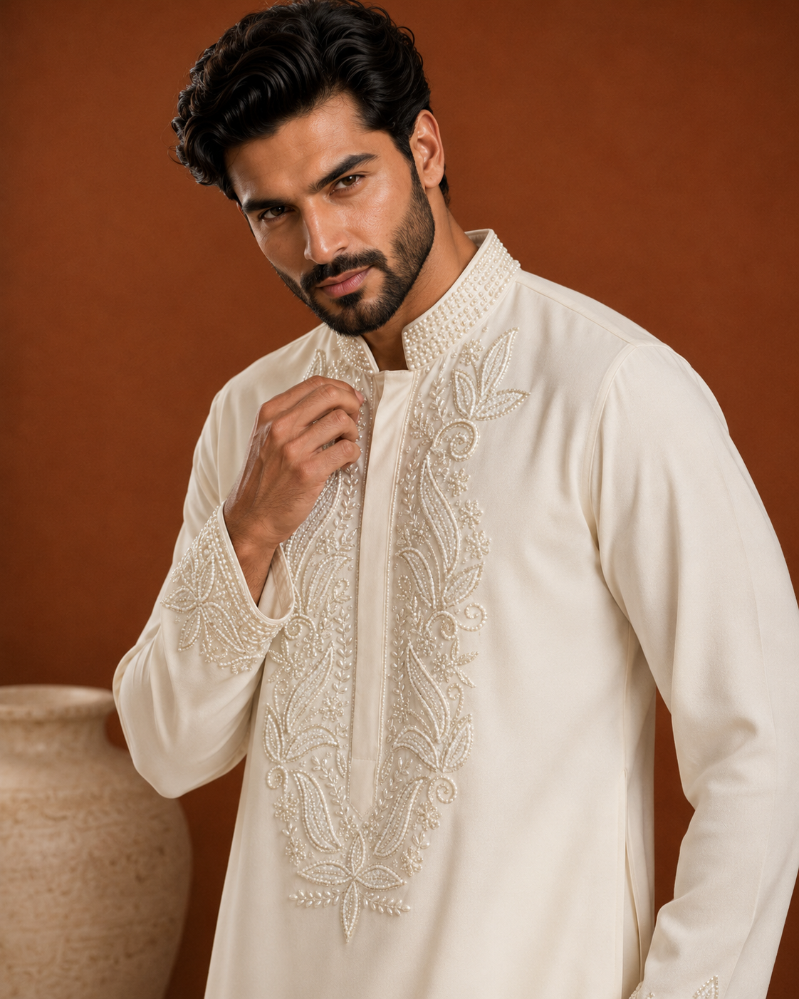 Ivory Embroidered Silk Kurta for Men | Festive & Wedding Wear