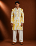 Men's Yellow Printed Embellished Kurta