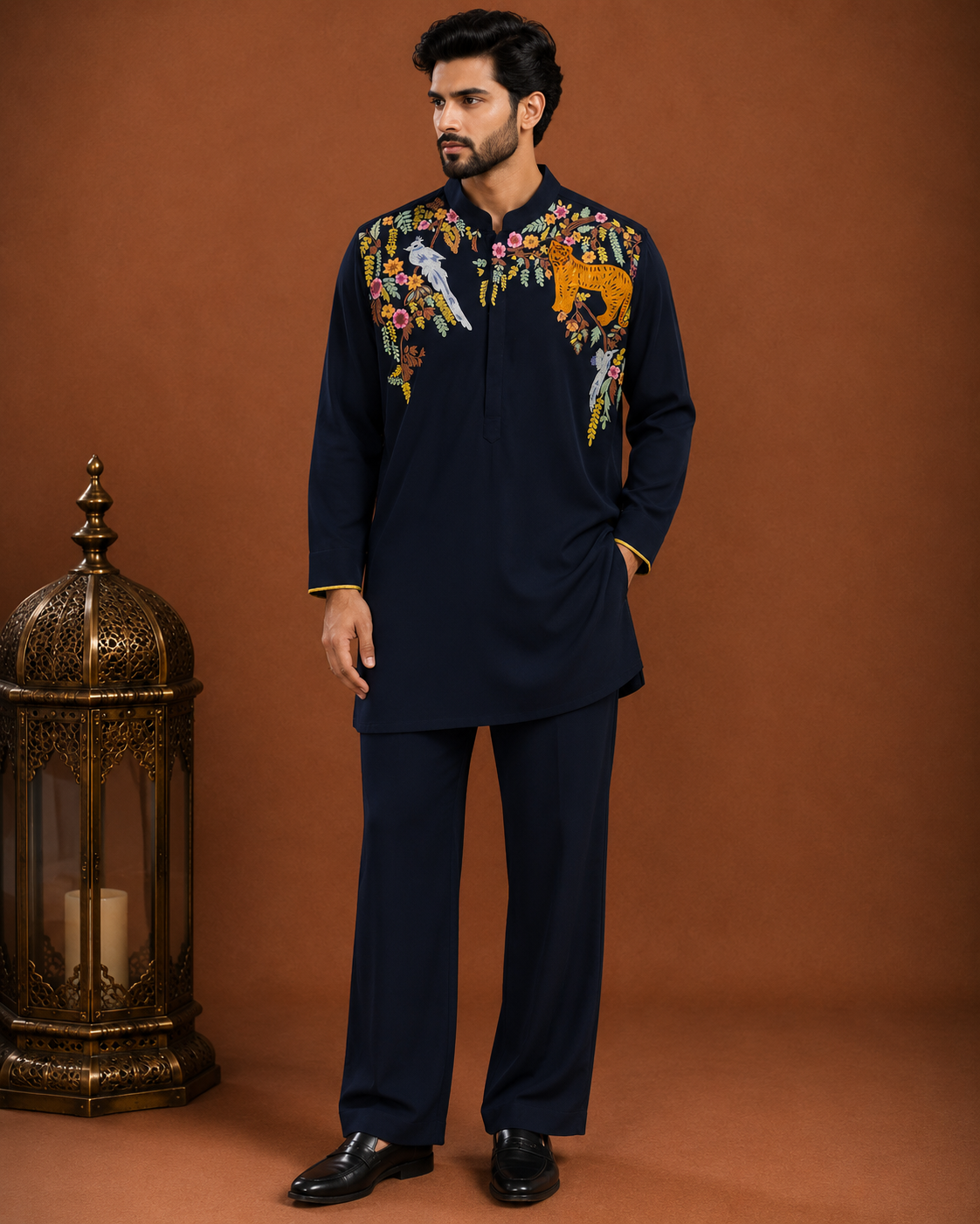 Men’s Navy Blue Embroidered Kurta | Floral & Tiger Motif Ethnic Wear