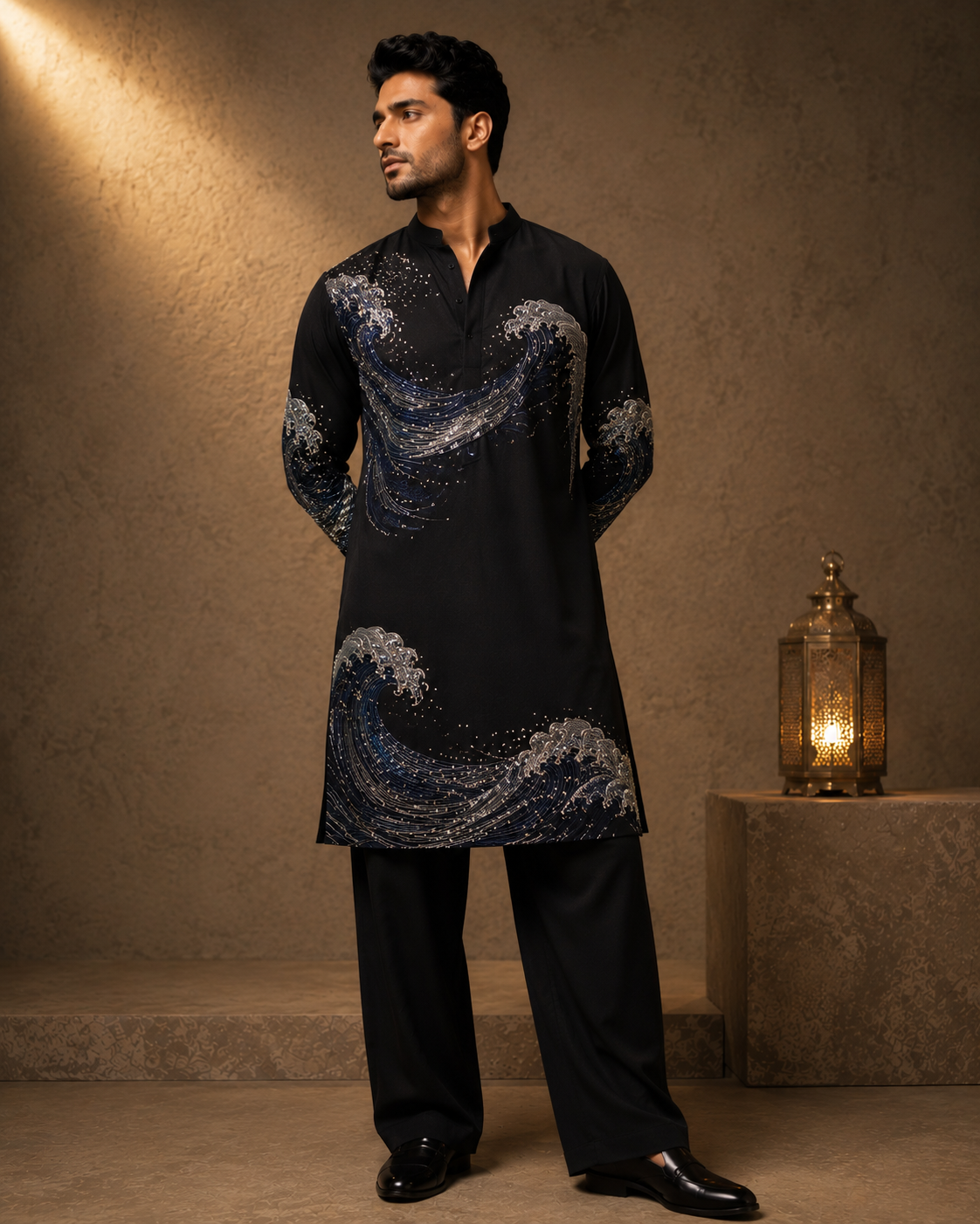 Black Oceanic Wave Hand-Embroidered Kurta for Men | Designer Festive & Party Wear
