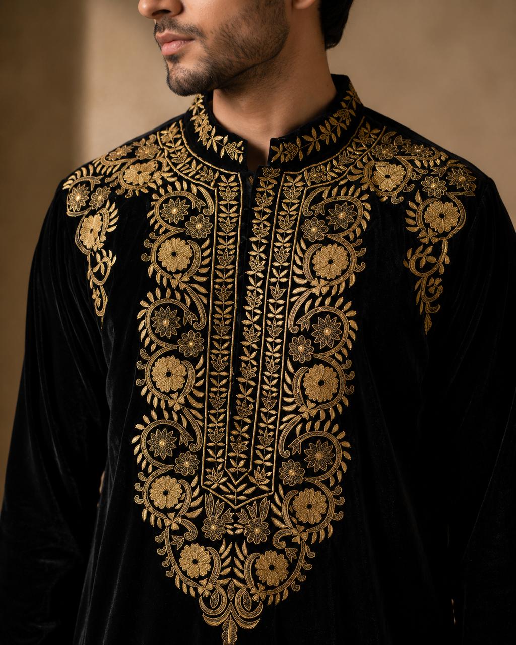 Black Velvet Antique Gold Embroidered Kurta for Men | Festive & Wedding Party Wear
