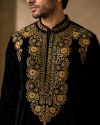 Black Velvet Antique Gold Embroidered Kurta for Men | Festive & Wedding Party Wear