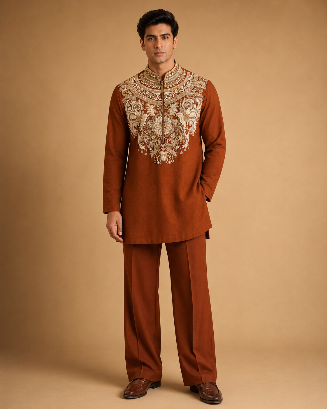 Rust Brown Heavy Embroidered Men's Wedding Kurta | Designer Ethnic Kurta for Groom, Festive & Party Wear