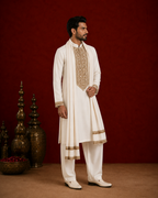 Off-White Gold Embroidered Kurta with Stole Set for Men | Groom & Wedding Festive Wear