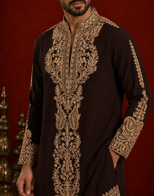 Chocolate Brown Gold Embroidered Kurta for Men | Festive & Wedding Wear