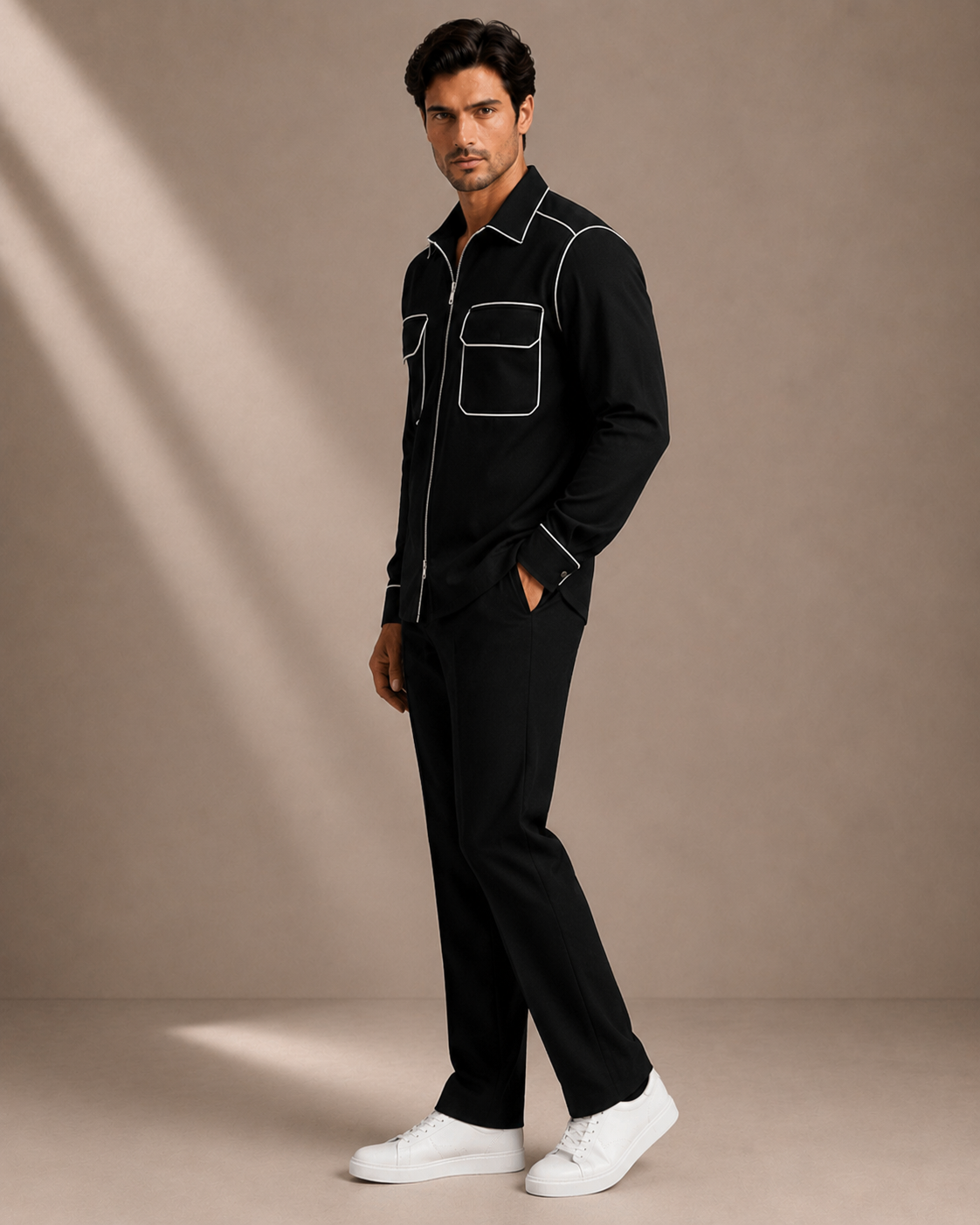 Men's Black Contrast Stitch Zip-Up Shirt | Premium Full Sleeve Casual & Party Wear Shirt