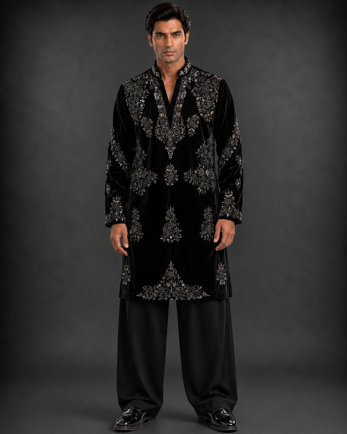 Men's Black Velvet Embroidered Designer Kurta | Premium Festive & Wedding Wear Kurta for Men