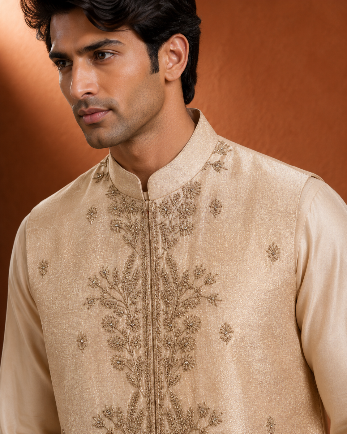 Men's Beige Embroidered Kurta with Embroidered Jacket