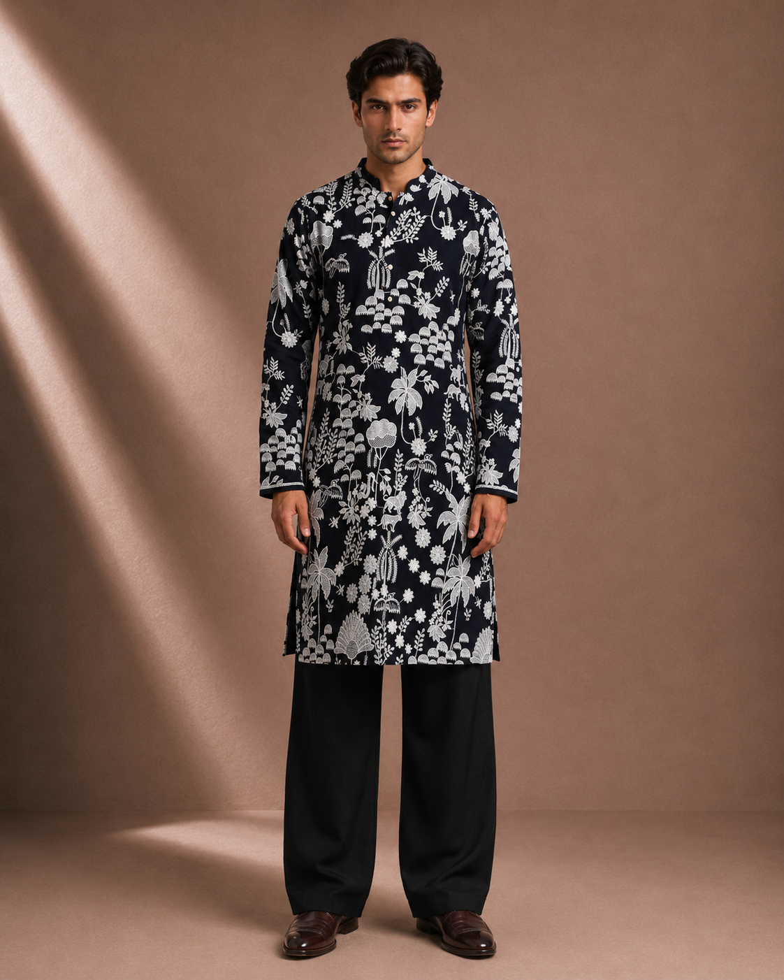 Men's Black Botanical Printed Kurta | Premium Ethnic Kurta for Festive, Wedding & Party Wear