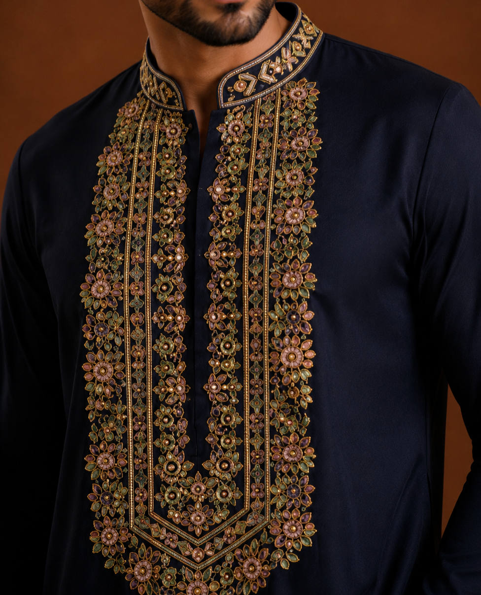 Midnight Navy Multi-Color Embroidered Kurta for Men | Festive & Wedding Party Wear