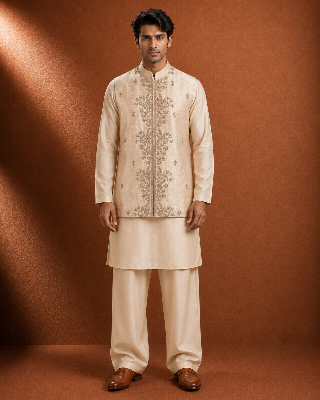 Men's Beige Embroidered Kurta with Embroidered Jacket