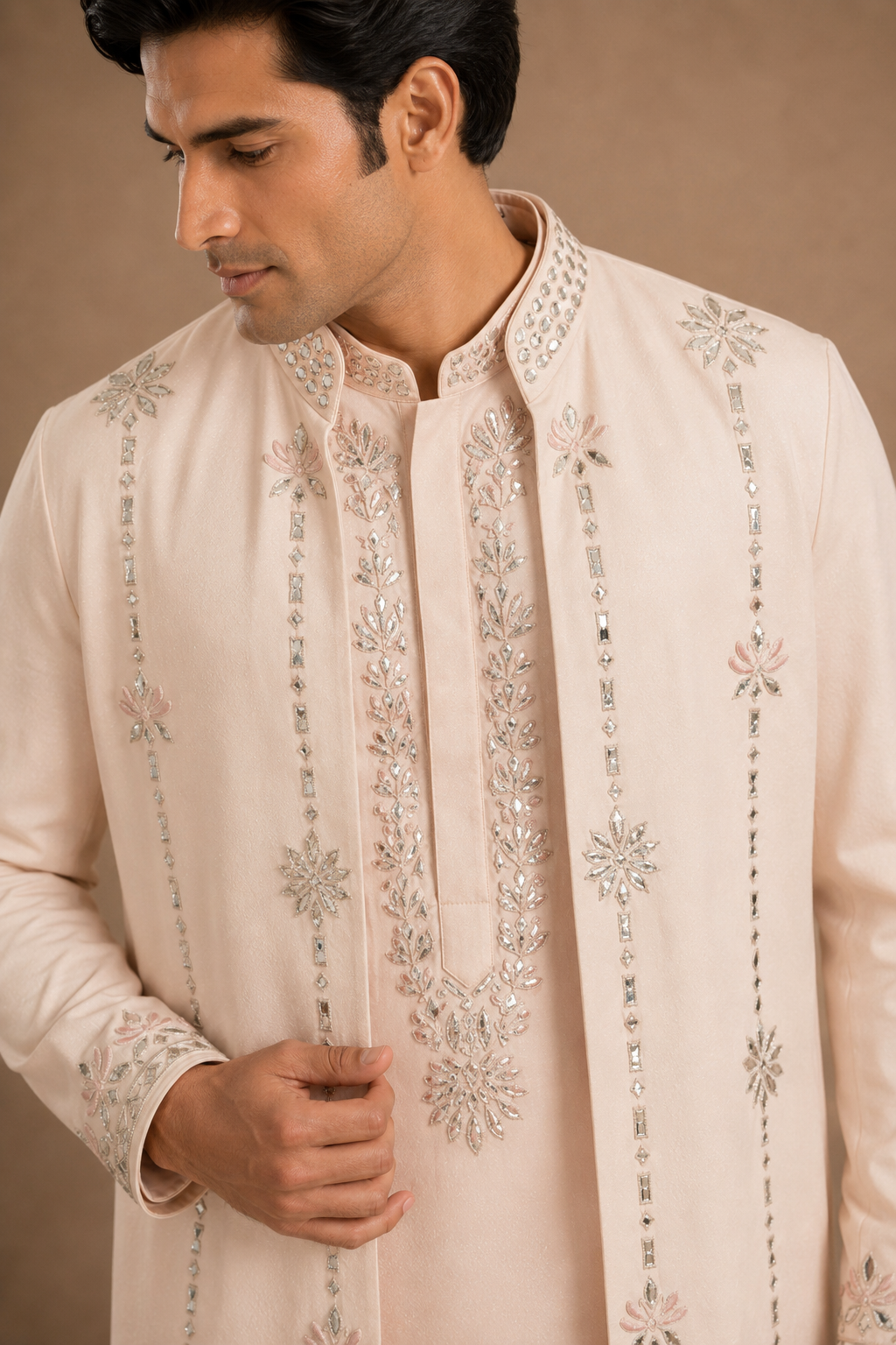 Men's Cream Embroidered Kurta with Designer Jacket | Premium Festive Ethnic Wear for Weddings