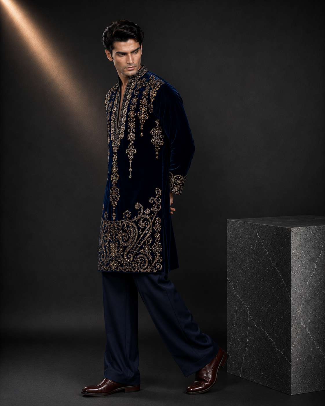 Men's Navy Blue Velvet Embroidered Designer Kurta | Premium Ethnic Kurta for Weddings & Festive Wear
