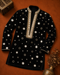 Men’s Black Embellished Kurta | Mirror Work Designer Ethnic Wear
