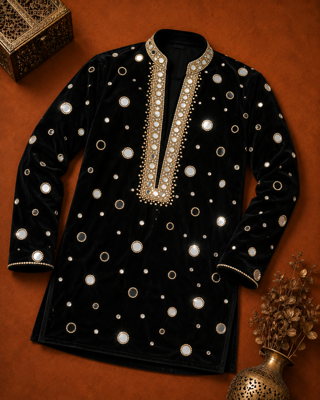 Men’s Black Embellished Kurta | Mirror Work Designer Ethnic Wear