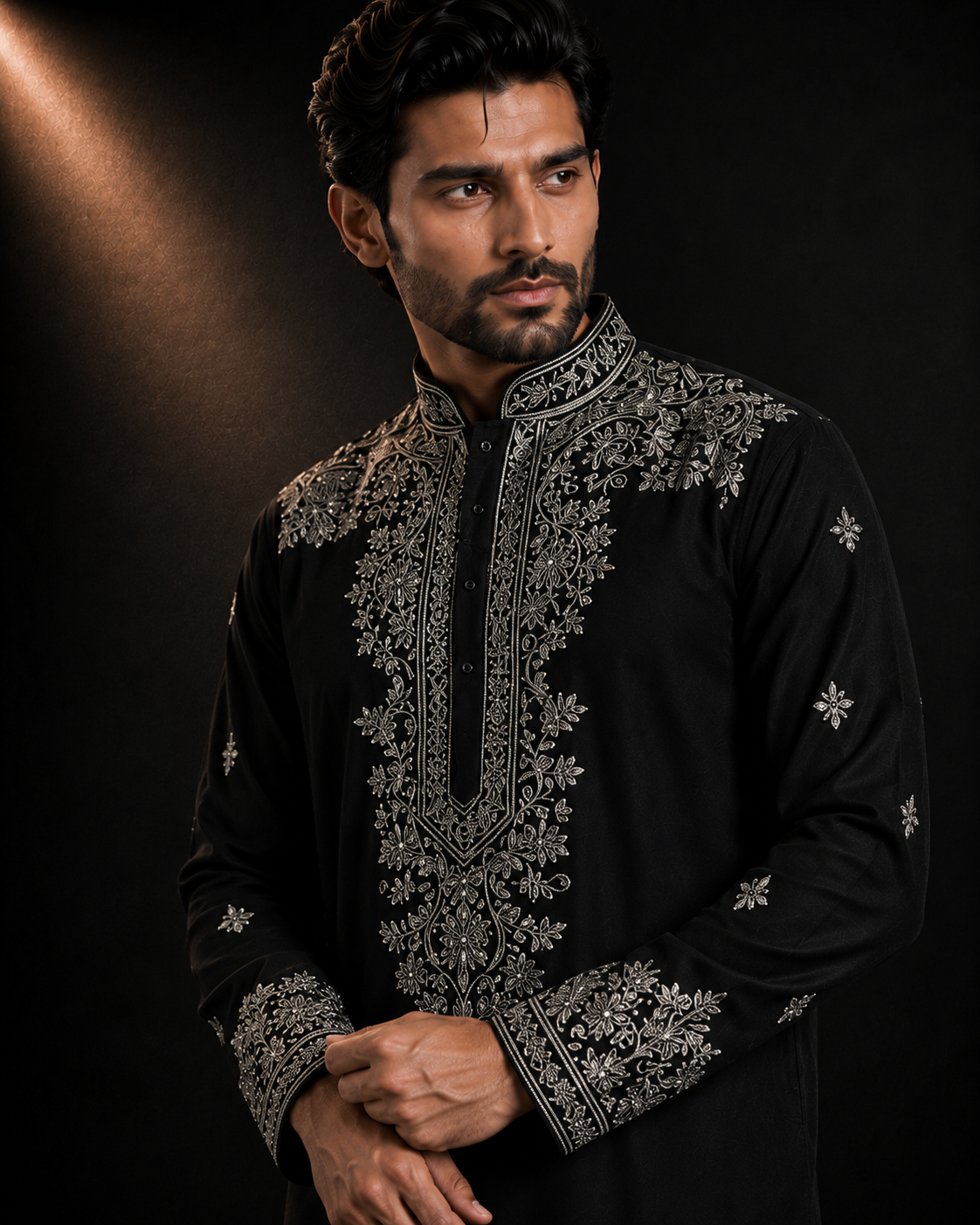 Black Silver-Thread Embroidered Kurta for Men | Festive & Wedding Party Wear