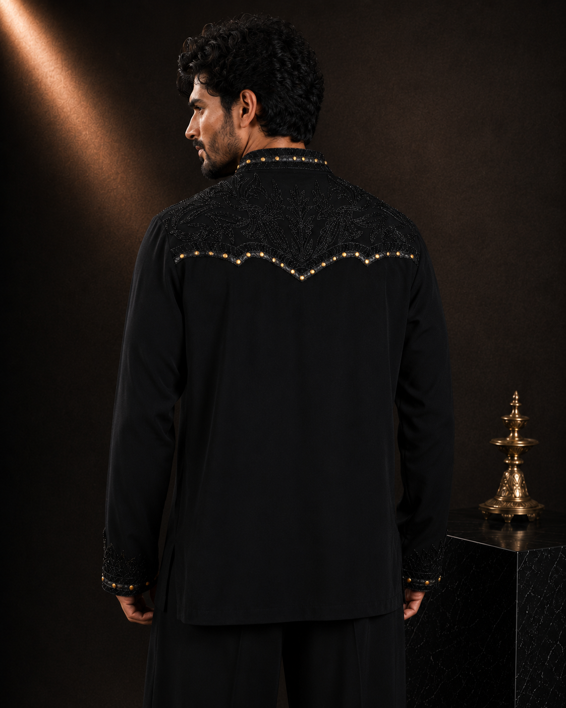 Black Tonal Embroidered Short Kurta with Gold Accent Detail for Men | Party & Festive Wear
