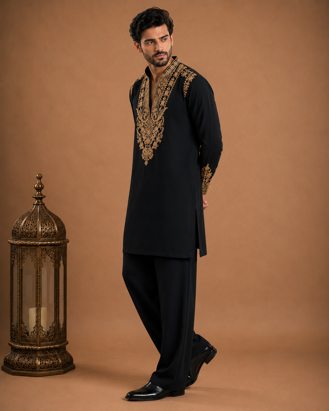 Black Gold Neck-Embroidered Kurta for Men | Festive & Wedding Party Wear