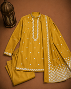 Men's Mustard Embroidered Designer Kurta with Stole | Premium Ethnic Kurta for Weddings, Eid & Festive Wear