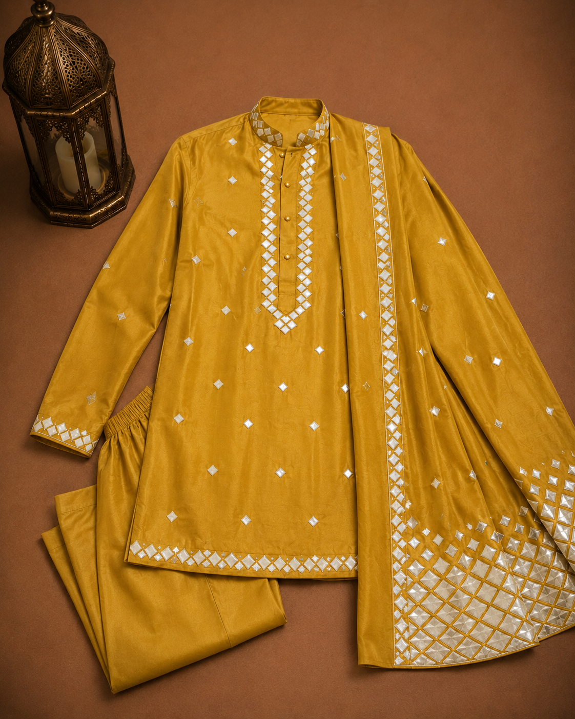Men's Mustard Embroidered Designer Kurta with Stole | Premium Ethnic Kurta for Weddings, Eid & Festive Wear