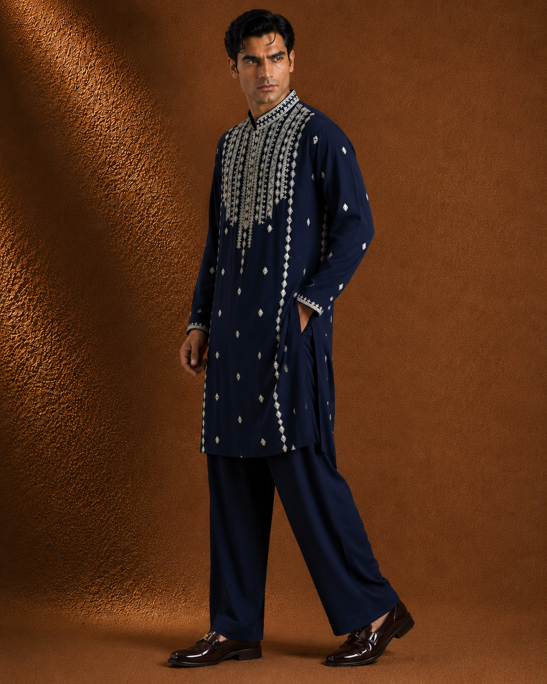 Men's Navy Blue Embroidered Kurta | Wedding & Festive Wear Ethnic Kurta
