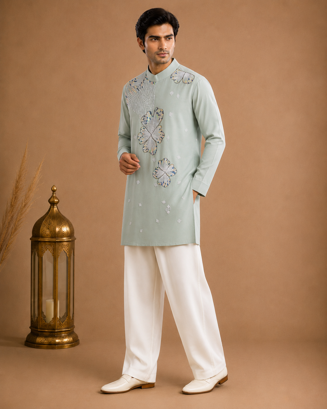 Pastel Mint Green Embroidered Kurta for Men